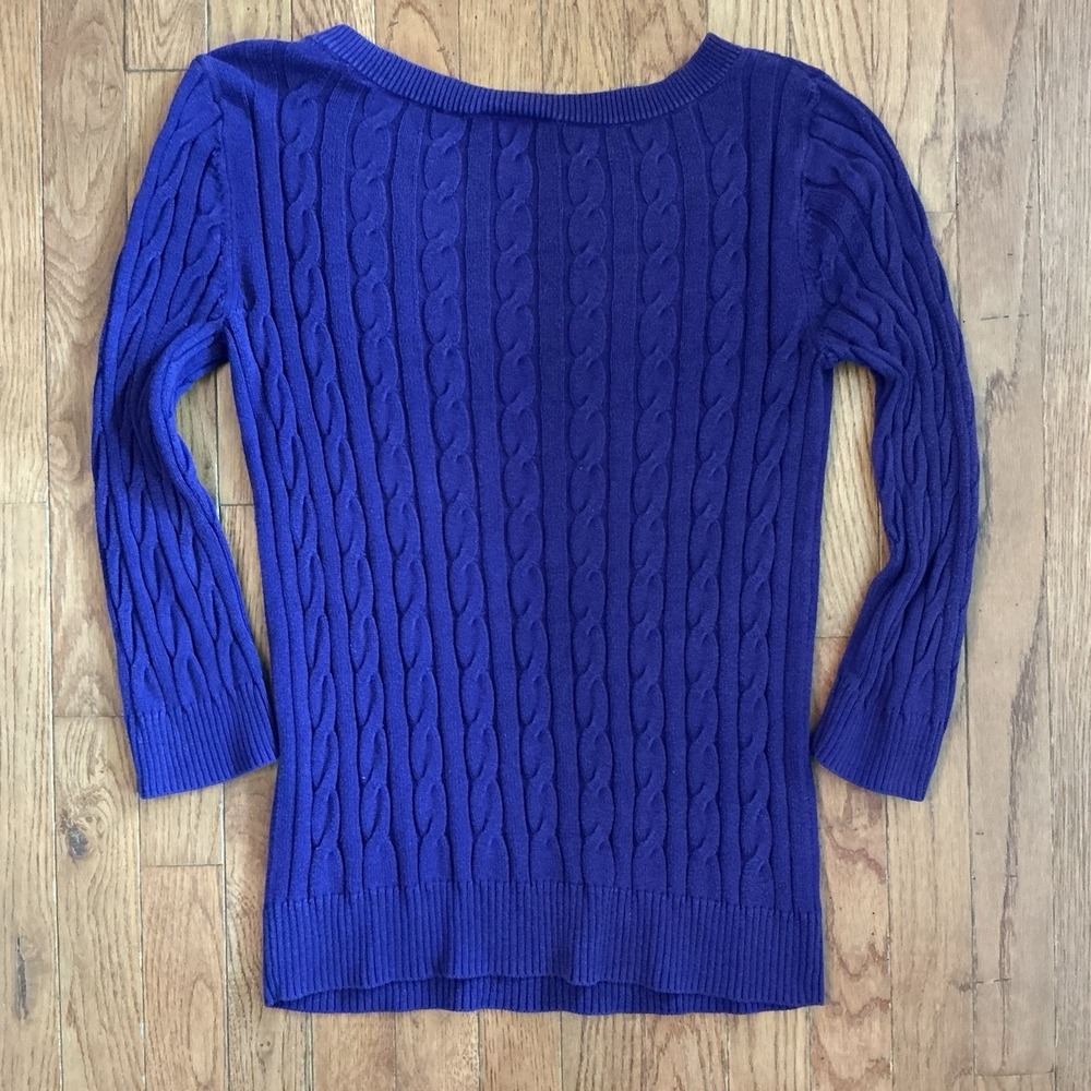 LOFT Purple Cable Knit Sweater 3/4 Length Sleeves Boat Neck Size M - Picture 6 of 6